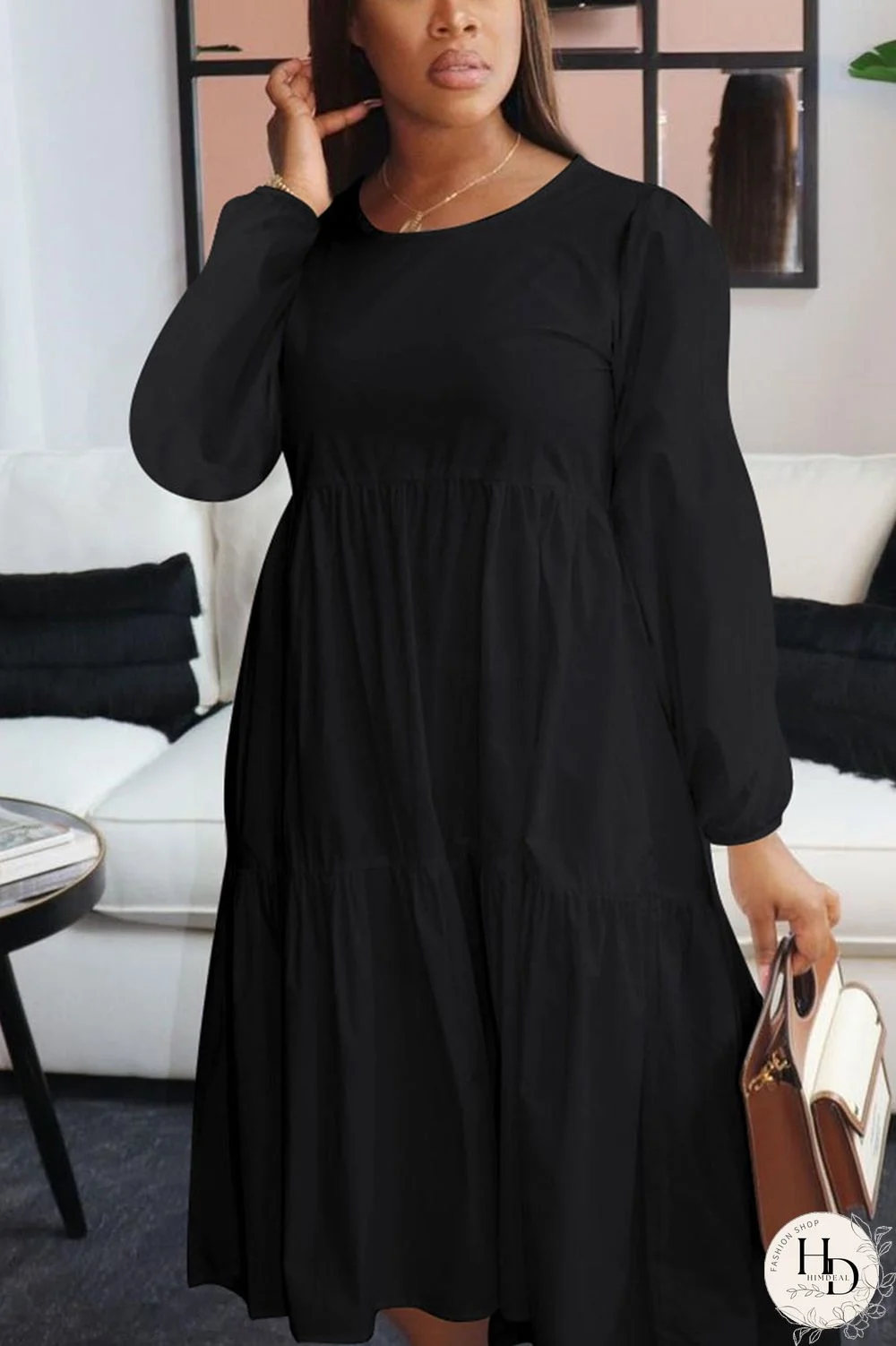 Black Celebrities Solid O Neck Dresses