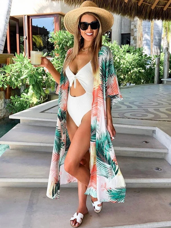 Colorful Leaf Printing Cardigan Loose Vacation Beach Cover-Up Swimwear