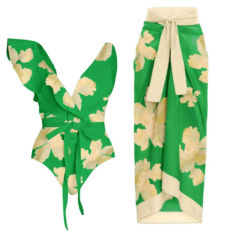 Flaxmaker Ruffle Printed One Piece Swimsuit and Cover Up