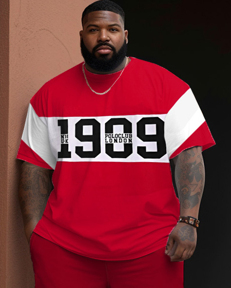Men's Large Size Street Cartoon Color Block 1909 Graffiti Short Sleeve Shorts Set