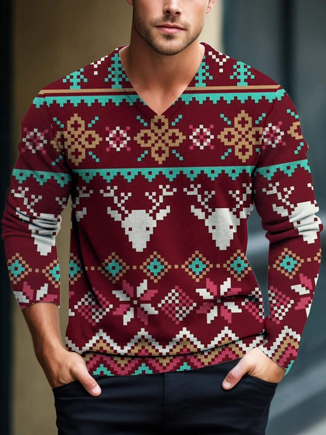 Men's Christmas Decorations Art Pattern Print V-Neck Knit Long Sleeve Sweater