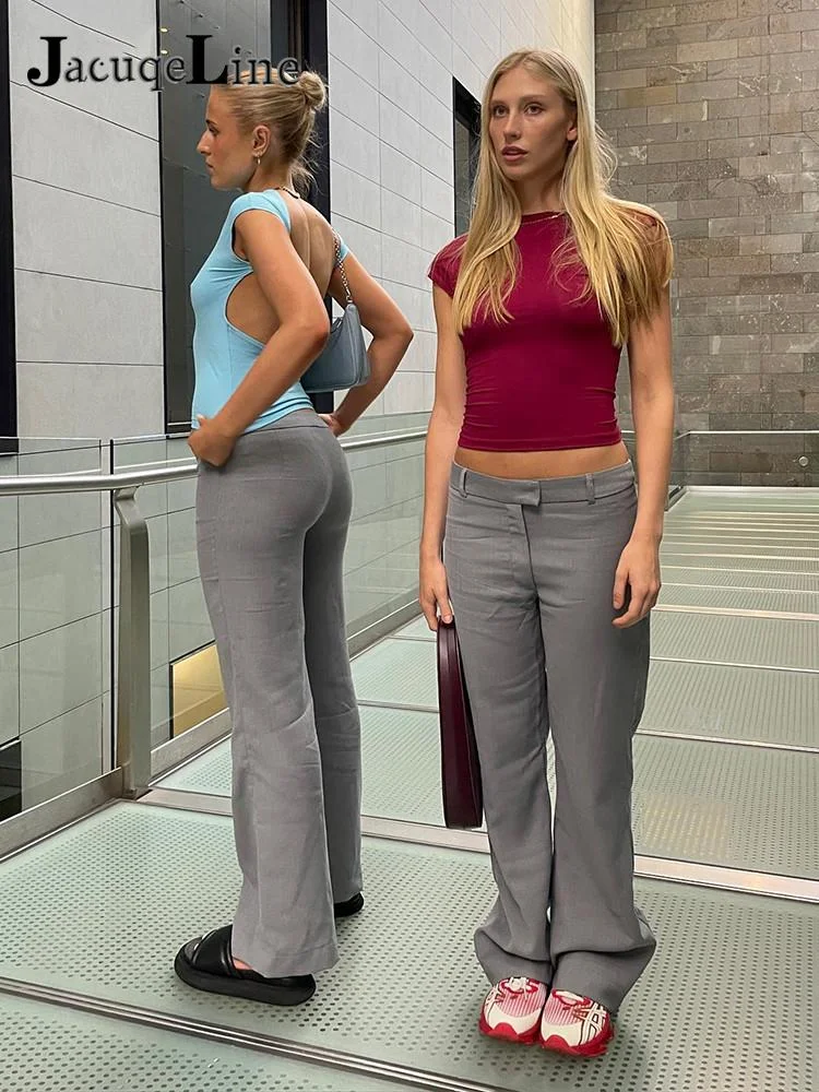 Jacuqeline 2022 Low Waist Women Pants Sets and Cut Out Crop Tops Y2K Clothes Casual Vintage Wide Leg Loose Long Trouser Summer