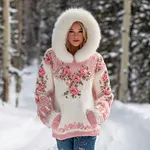 Women's  Bohemian Style Pink Rose Sequins Art Warm Hooded Knitted Sweater - Image 2