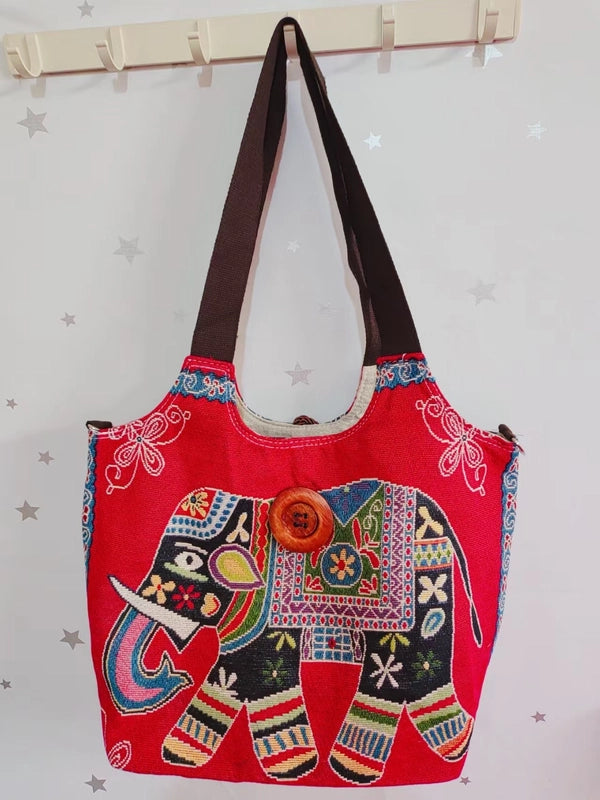 Women’s Large Canvas Elephant Ethnic Style Square Zipper Shoulder Bag