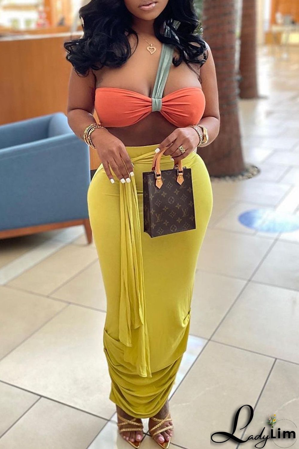 Orange Fashion Sexy Solid Split Joint Backless Strapless Sleeveless Two Pieces