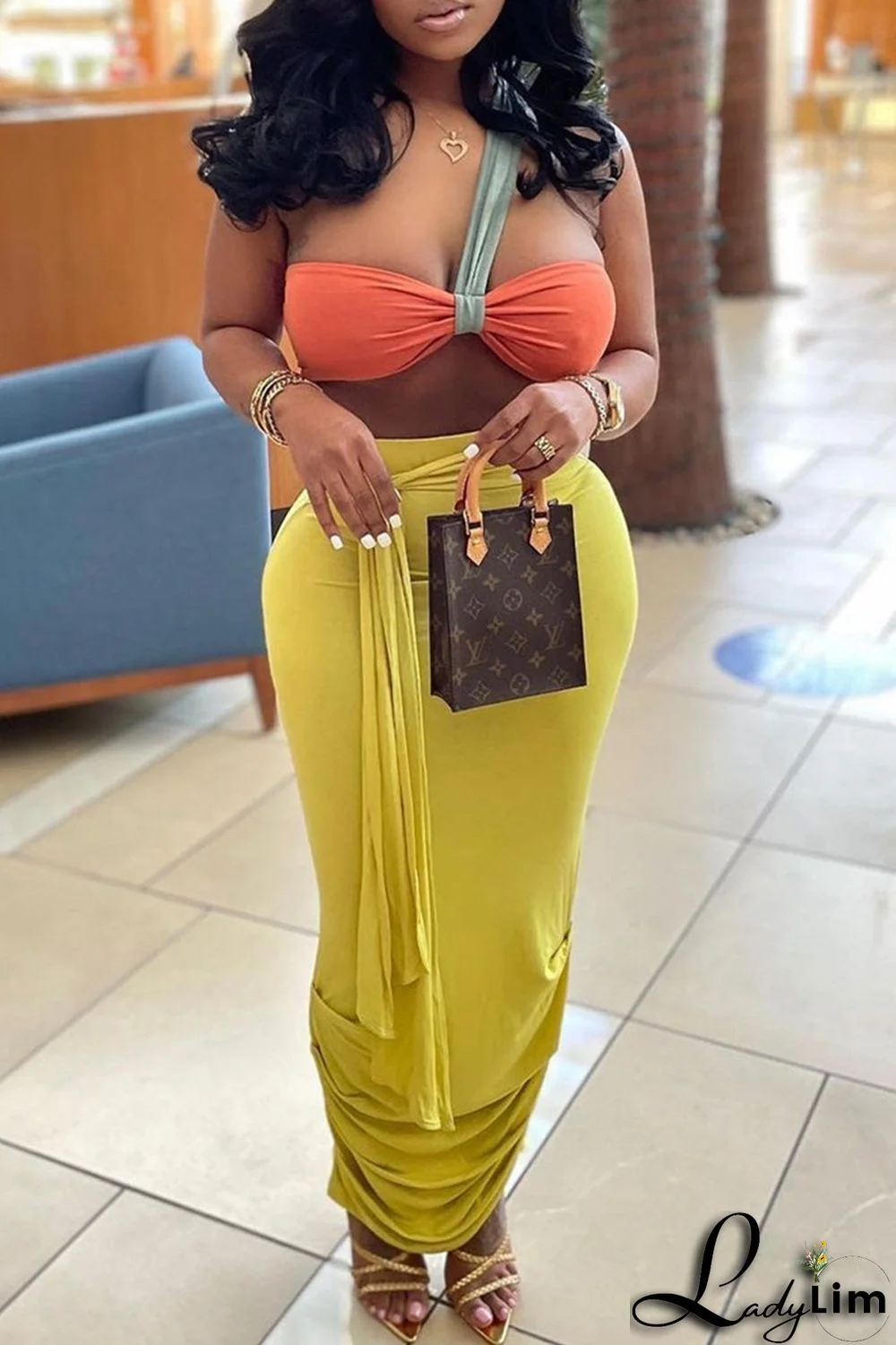 Orange Fashion Sexy Solid Split Joint Backless Strapless Sleeveless Two Pieces