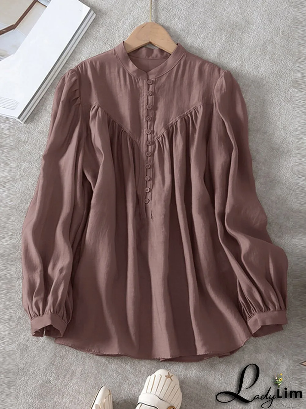 Solid Button Front Stand Collar Long Sleeve Blouse