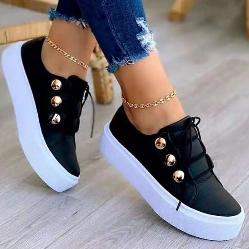 White PU Leather Platform Sneakers Women 2022 Spring Fashion Sport Shoes Woman Gold Silver Lace Up Flats Zapatos De Mujer