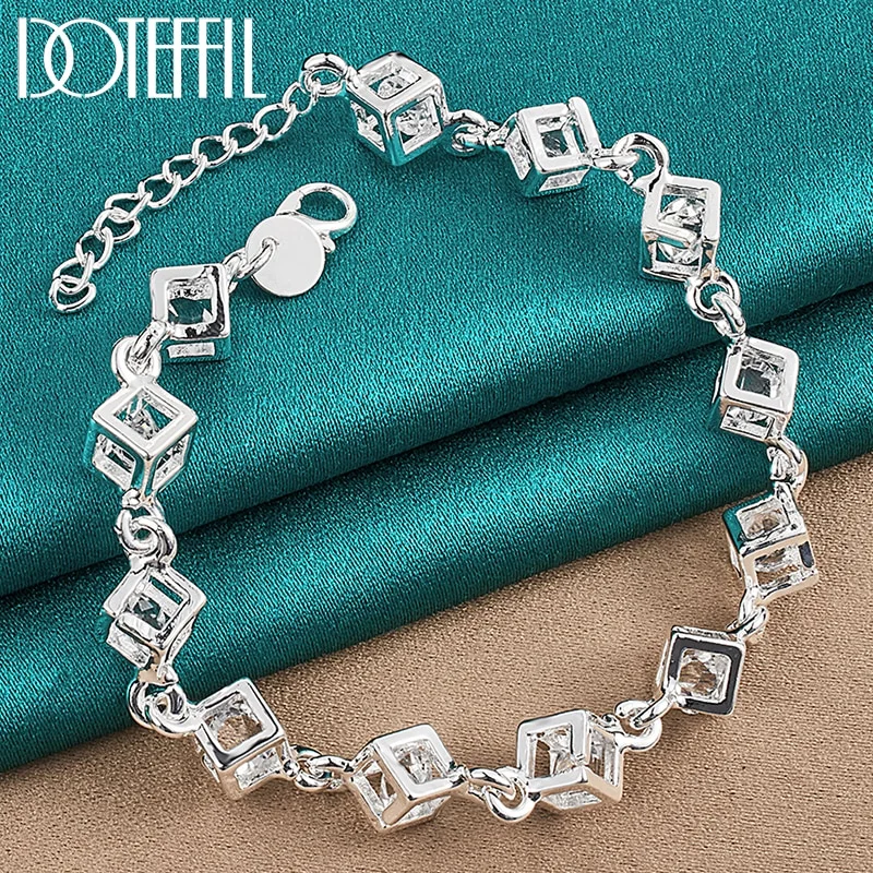 925 Sterling Silver Square AAA Zircon Chain Bracelet For Women Jewelry
