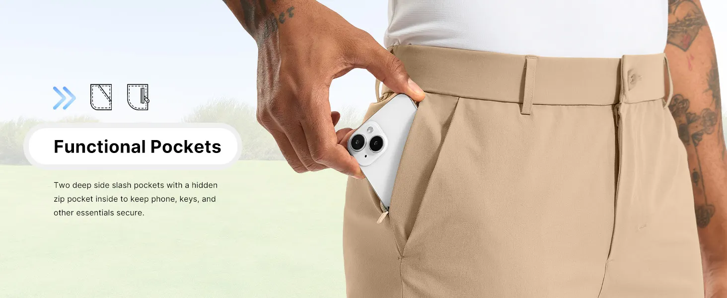 Mens Golf Pants with Zipper Pockets Relaxed Fit Stretch Work Dress Pants