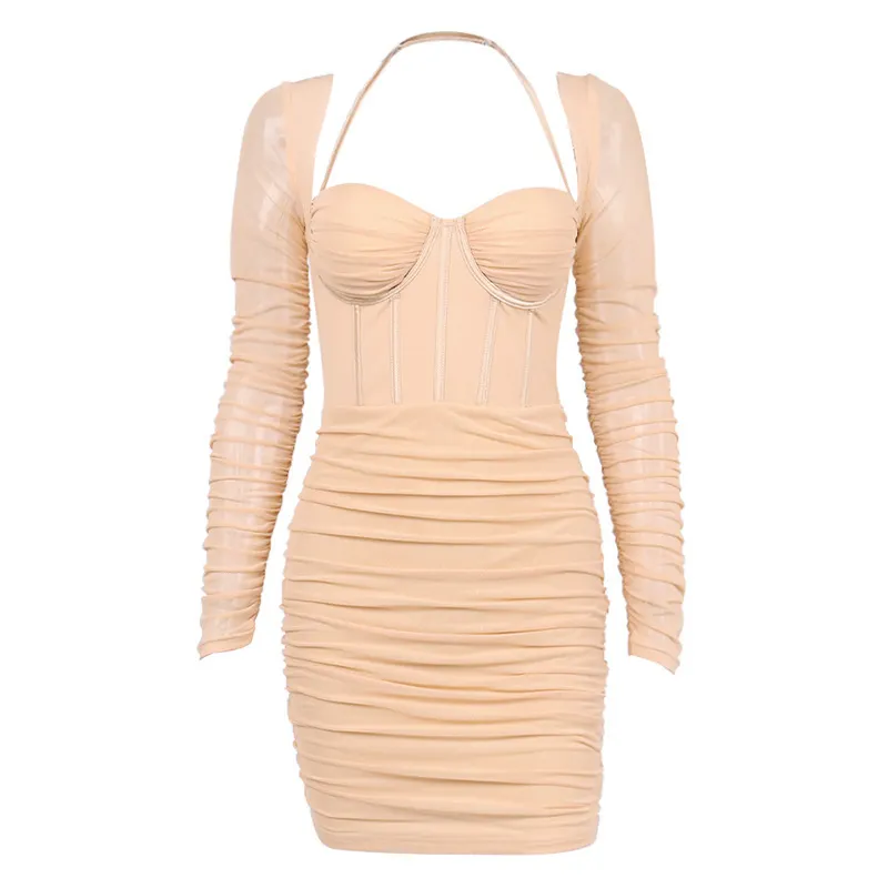 Uveng Uveng Women's Sexy Mesh Perspective Fishbone Fold Show Back Tight Package Hip Halter Skirt Summer Dress Woman