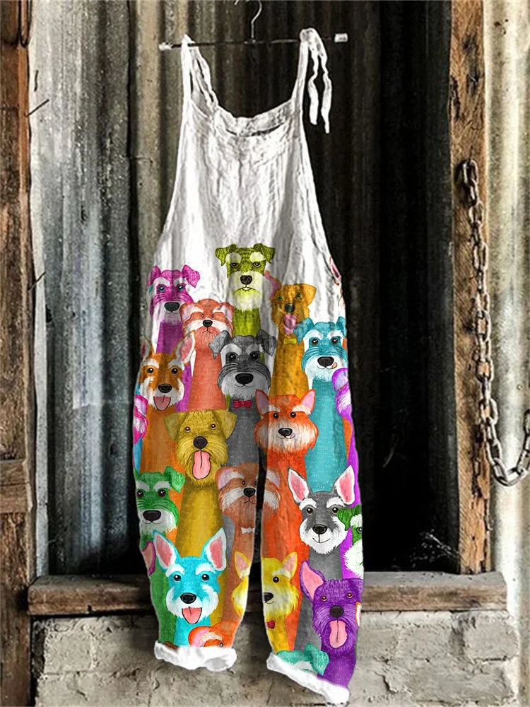 Colorful Schnauzer Dog Print Linen Blend Casual Jumpsuit