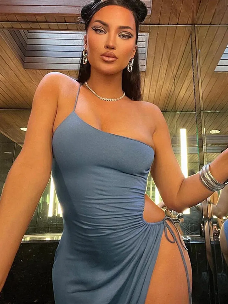 Sexy Off Shoulder Side High Split Maxi Dress Women Drawstring Sleeveless Solid Evening Party Club Elegant Slim Summer Sundress