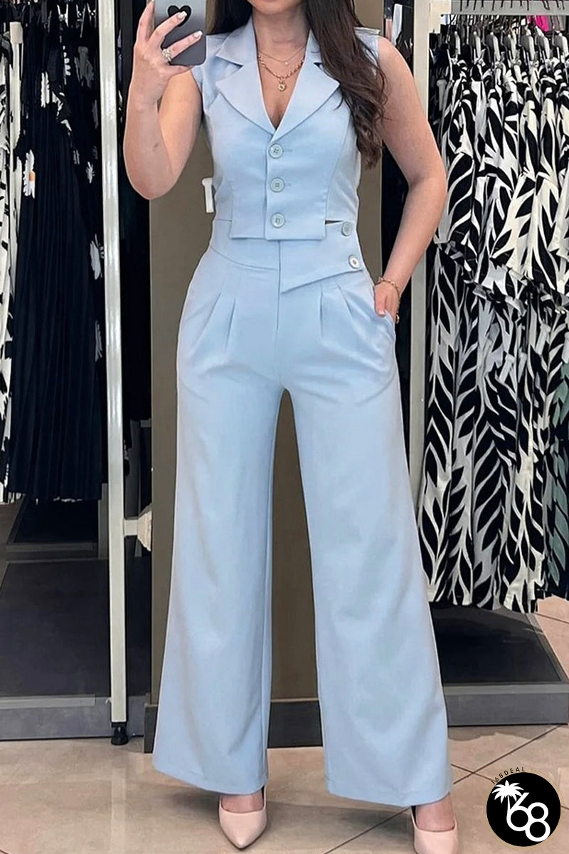Casual Daily Solid Color Buttons Irregular Turn-back Collar Sleeveless Two Pieces | 168DEAL