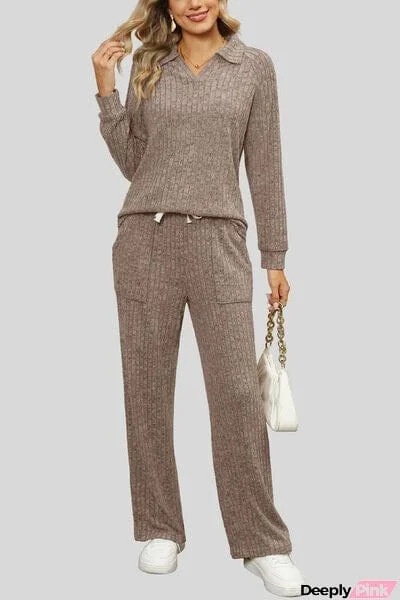 Ribbed Long Sleeve Top and Pocketed Pants Set