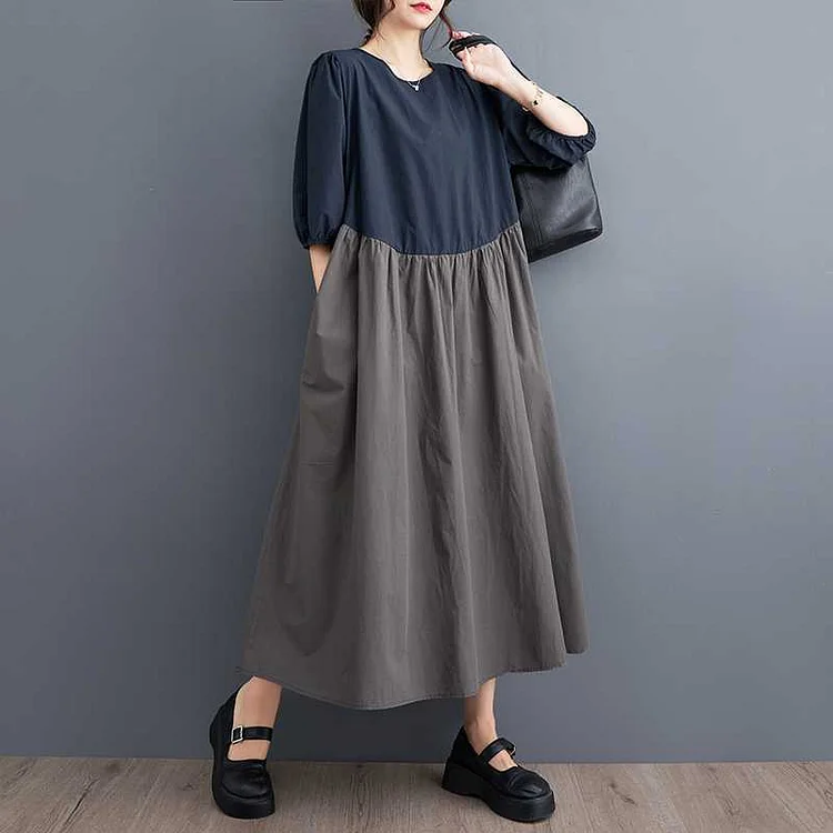 Loose Color Blocking Short Sleeve Maxi Dress