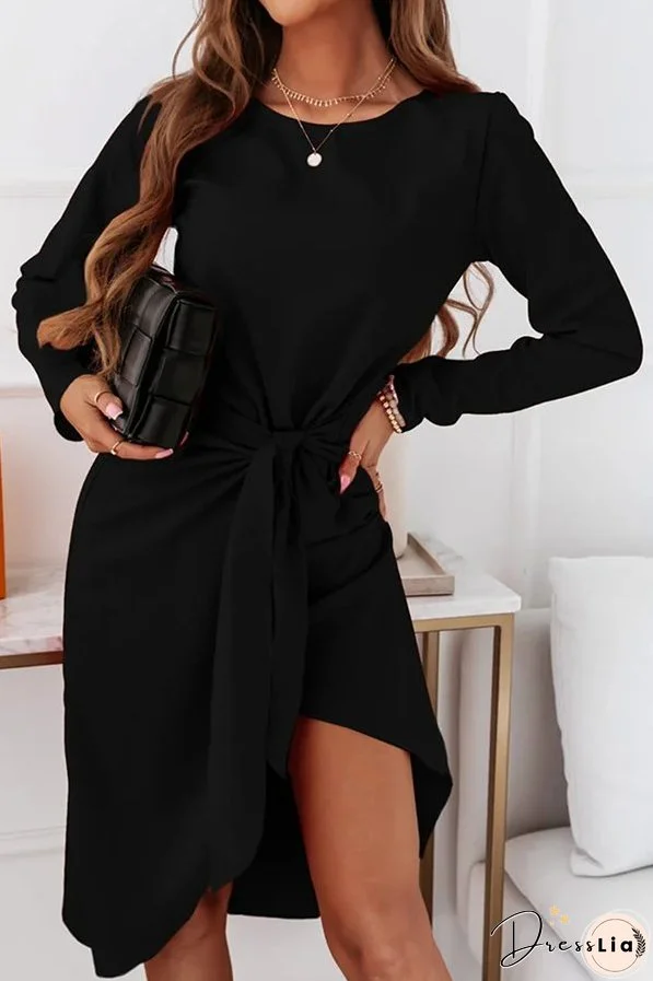 Fashion Elegant Solid With Belt O Neck Long Sleeve Dresses（3 colors）