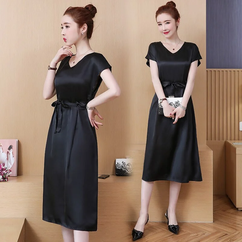 huibahe Summer Satin Long Dress With Belt Women Short Sleeve V-neck A-line Dresses Korean Vintage Office Party Vestidos