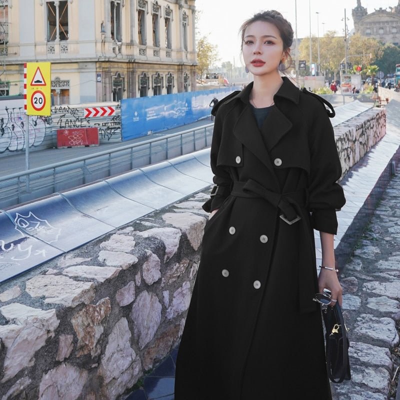 Brand New Fashion Long Double Breasted Women Trench Coats with Belt Lady Duster Coat Female Cloak Outerwear Black Blue Burgundy