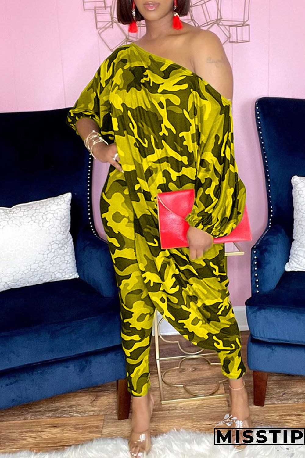 Camouflage Fashion Casual Print Asymmetrical Oblique Collar Three Quarter Two Pieces