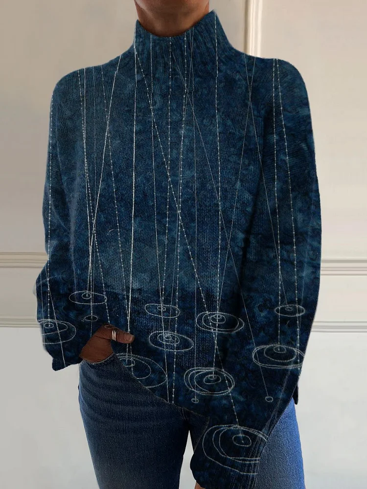 Raindrops Abstract Art Print Knit Turtleneck Pullover Sweater