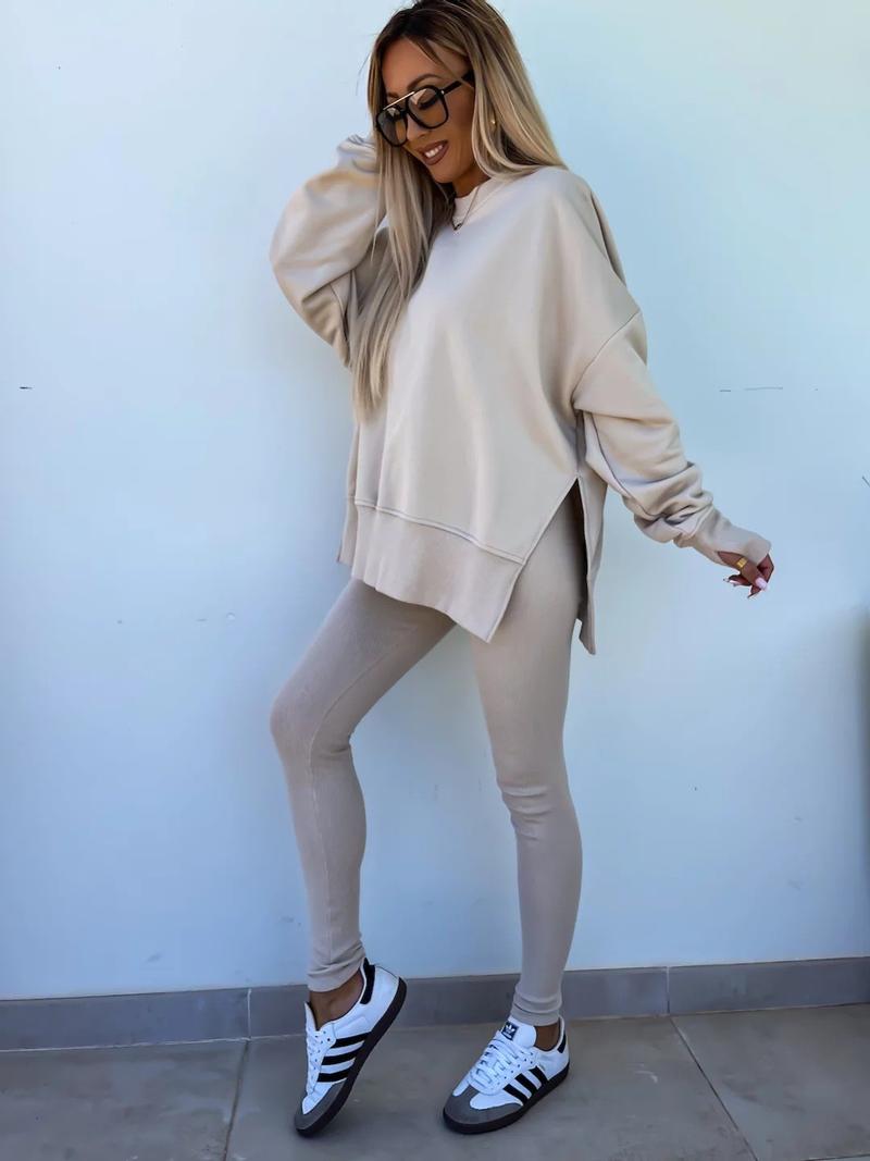 Oversize Two-Piece Set Women's Split Hem Sweatshirt & Skinny Pants, Casual Fashion Cozy Round Neck Long Sleeve Pullover Women's Clothing for Fall & Basic Winter Suits Womenswear Gamis