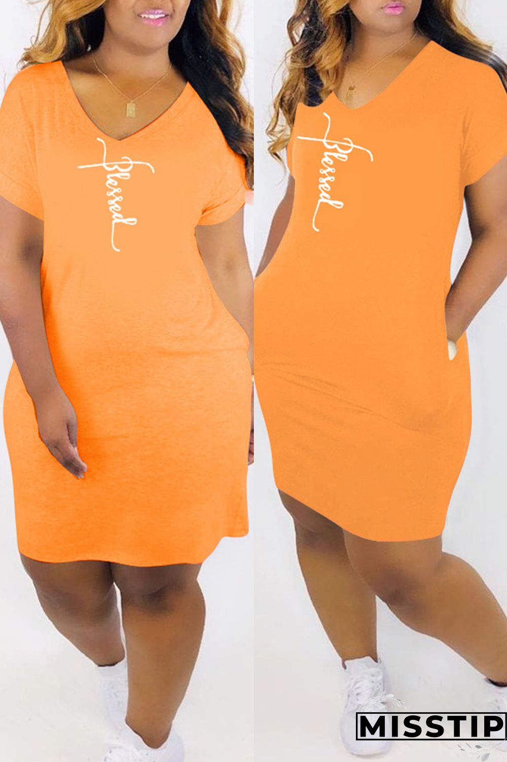 White Fashion Casual Print Basic V Neck Short Sleeve Dress