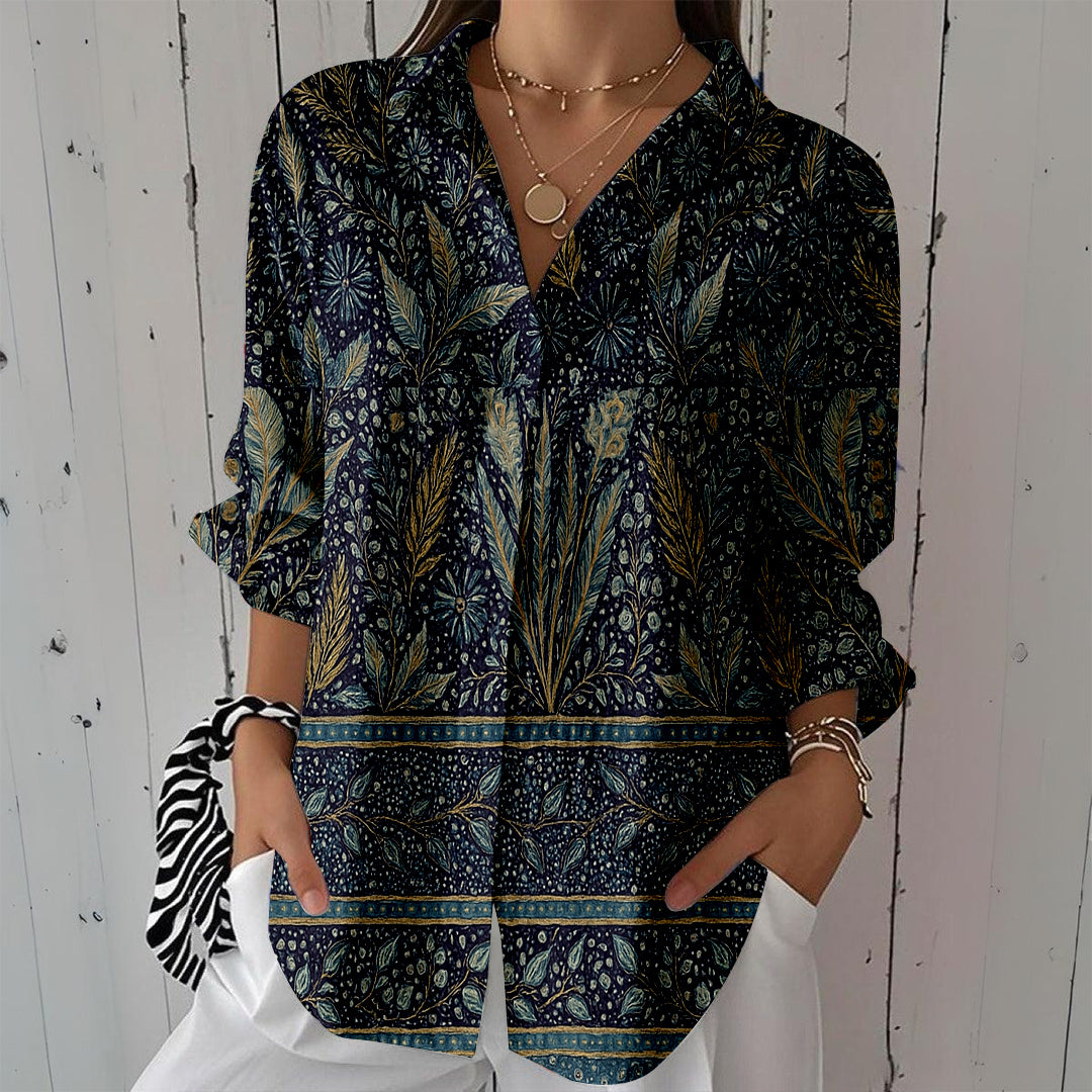 Women Long Sleeve V-neck Graphic Floral Printed Top