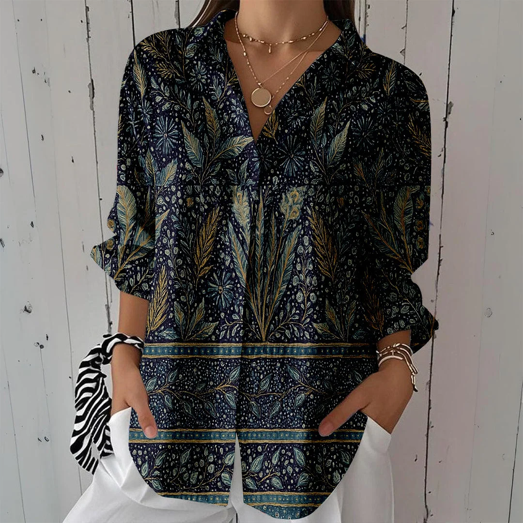 Style & Comfort for Mature Women Women Retro, Black DZCL0144 3/4 Sleeve Shirt Collar Printed Button Tops