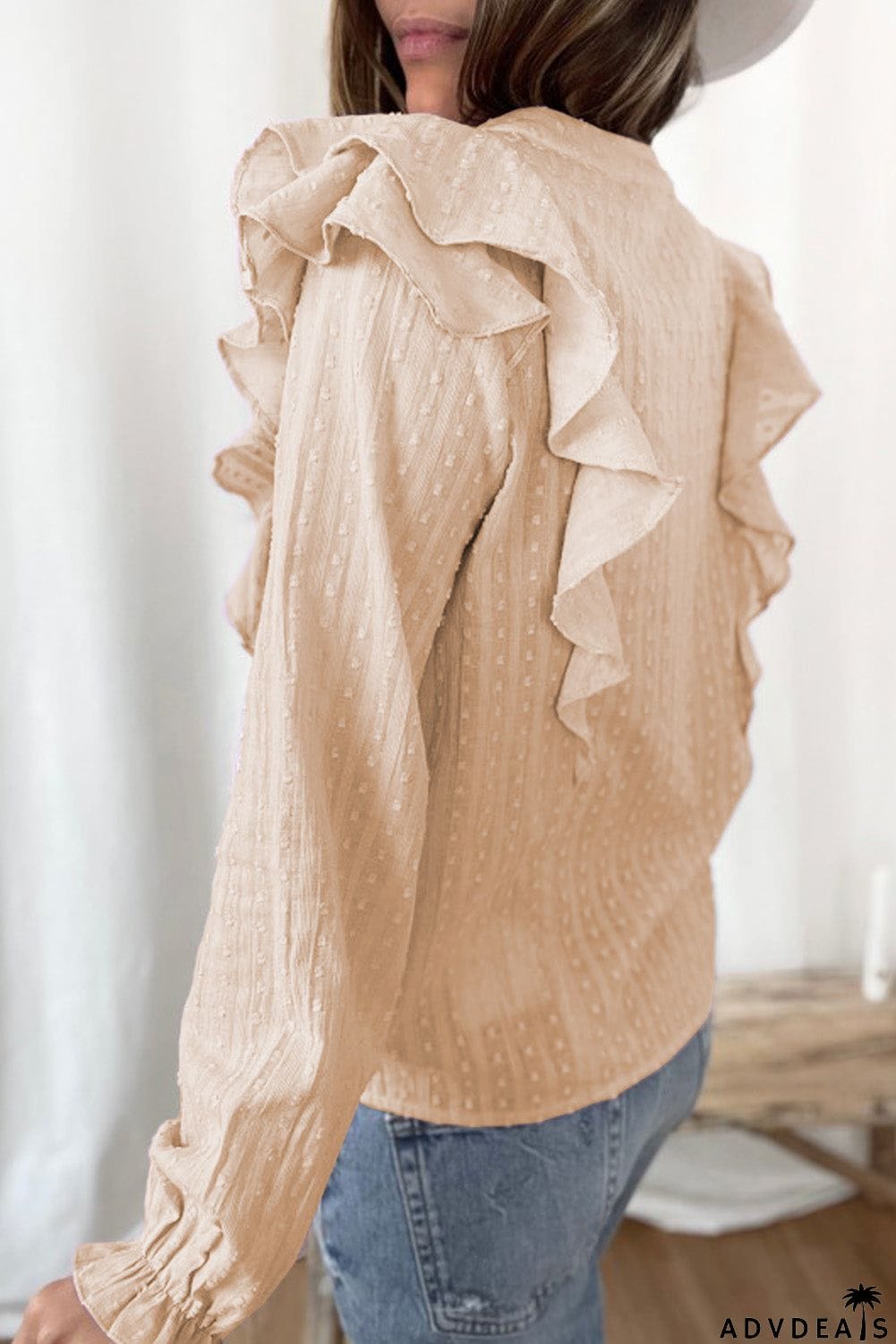 Dotted Texture Sheer Ruffles Bubble Sleeves Shirt