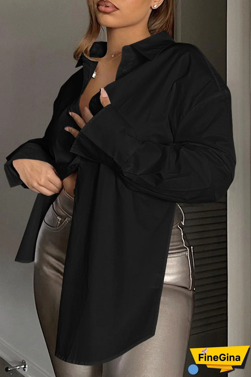 Sky Blue Casual Solid Frenulum Backless Asymmetrical Shirt Collar Tops