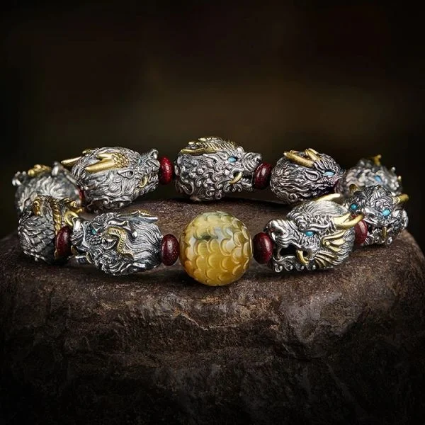 Sterling Silver Dragon Scale Beads Tiger Eye Bracelet