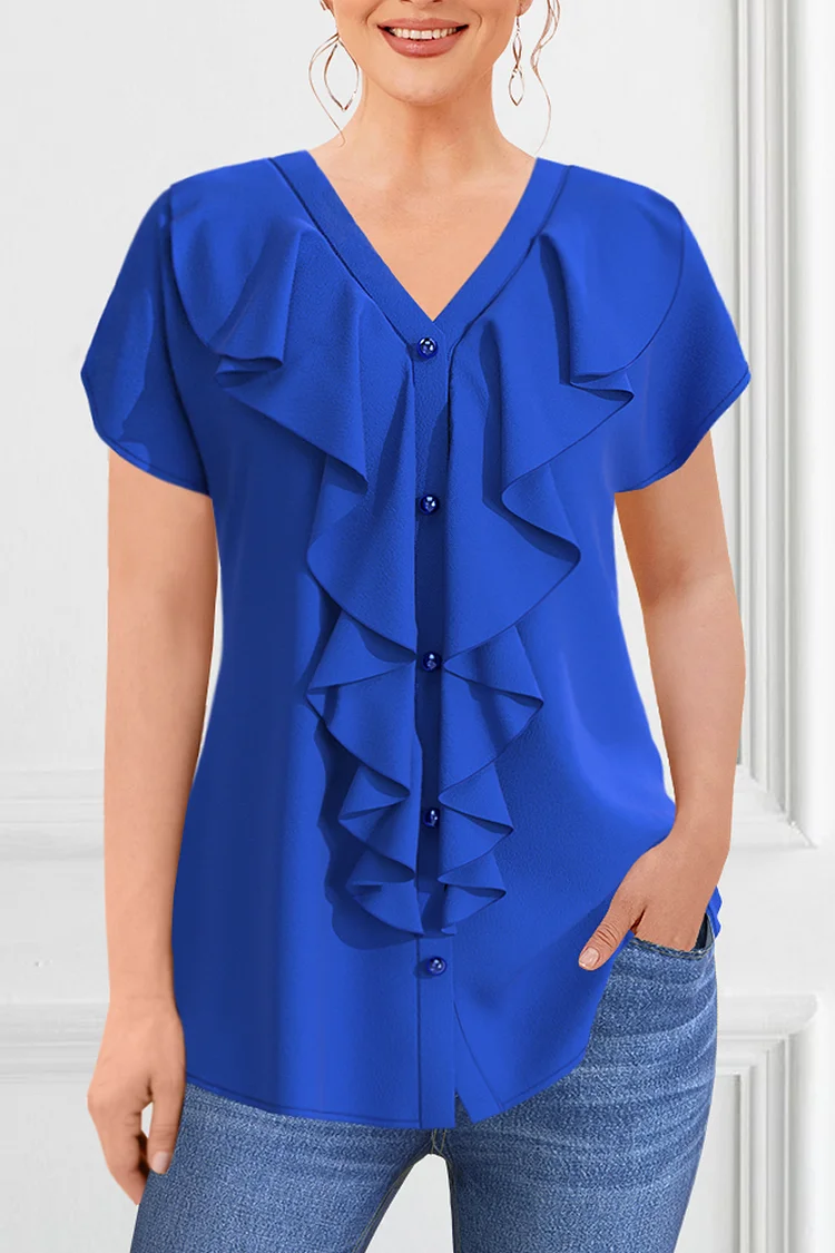 Flycurvy Plus Size Dressy Royal Blue Chiffon Decorative Button Pleated Blouse  Flycurvy [product_label]