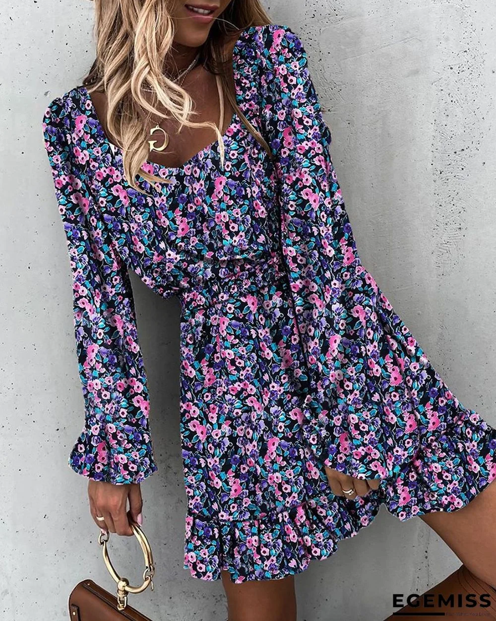 Long Sleeve Elastic Waist Ruffle Printed Dress | EGEMISS