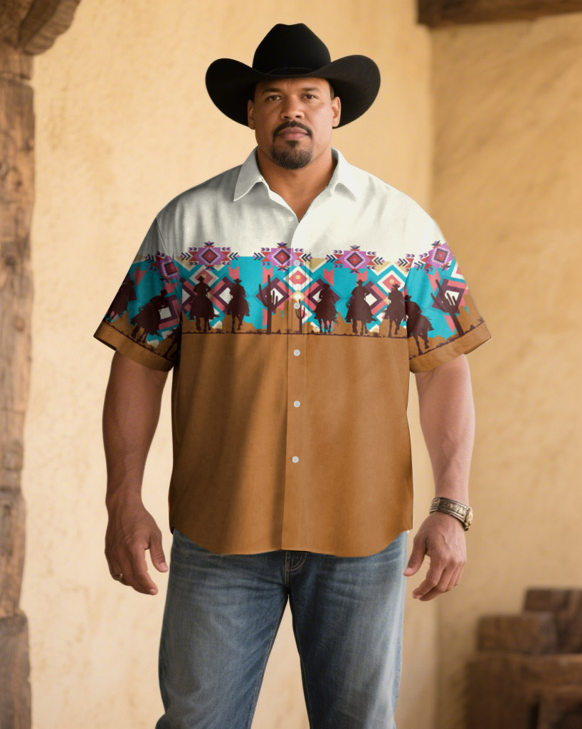Men's Plus Size Retro Western Denim Pattern Patchwork Printed Short Sleeve Shirt