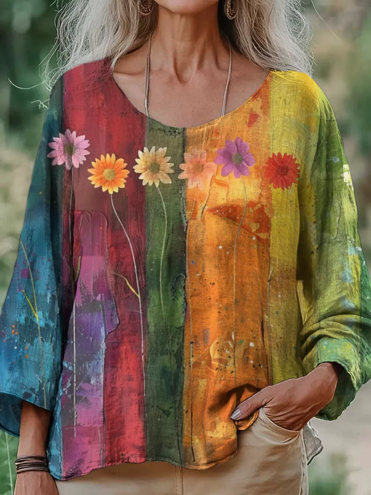 Lunivibe Bohemian Vintage Floral Print Women's Linen Shirt