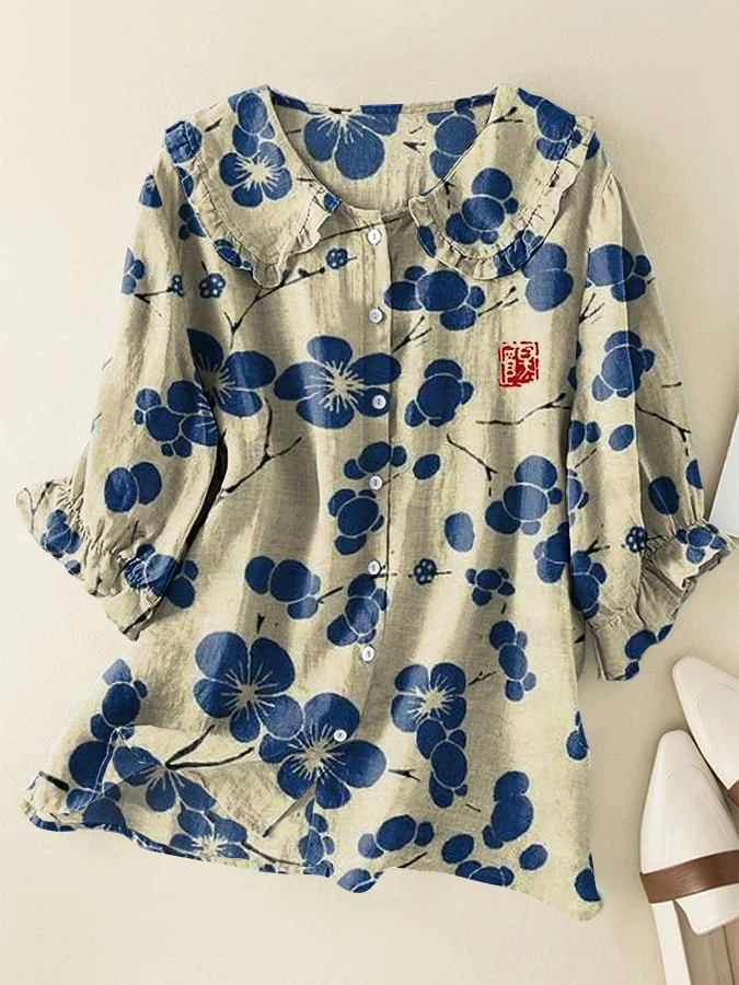 Japanese Classic Plum Blossom Cotton and Linen Loose Peter Pan Ruffle Collar Shirt