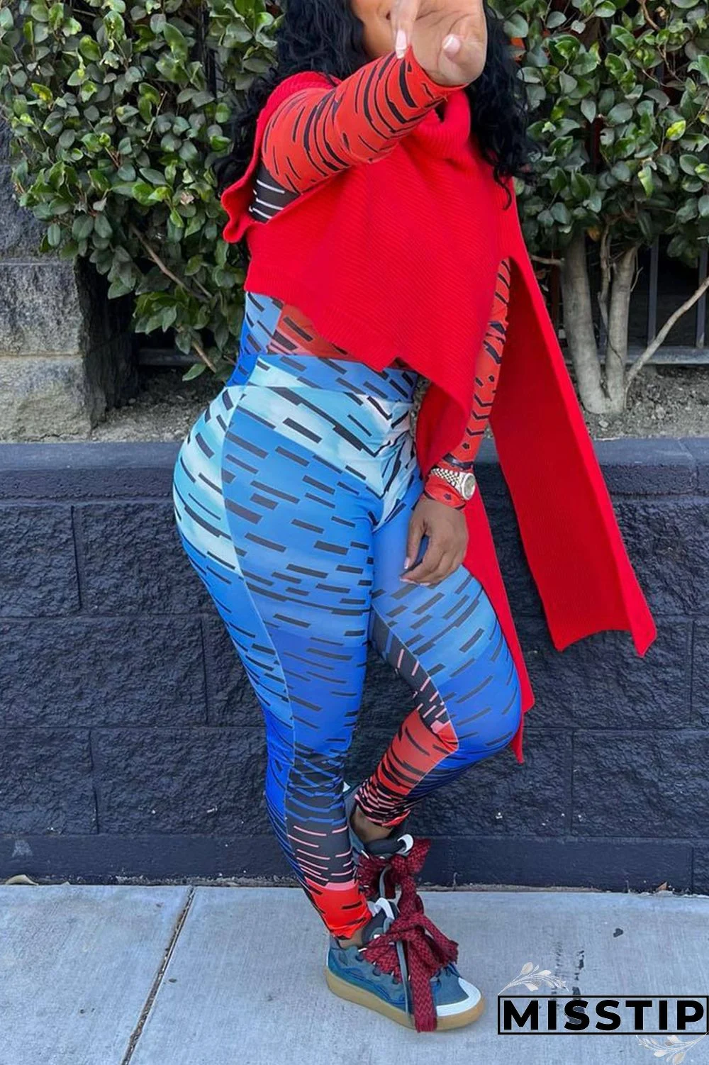 Red Street Solid Patchwork Slit Asymmetrical Turtleneck Tops