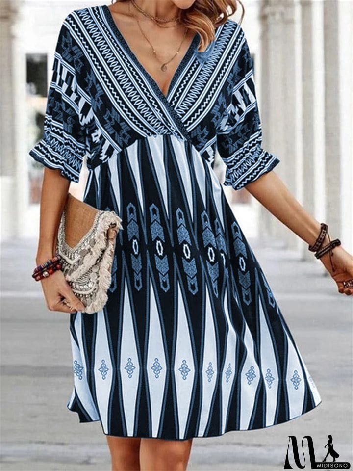 MidiSono - Retro Bohemian V Neck Printed Half Sleeve Trendy Dress for Lady