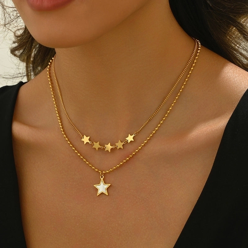 Sweet Star 304 Stainless Steel Shell 14K Gold Plated Polishing Plating Inlay Double Layer Necklaces