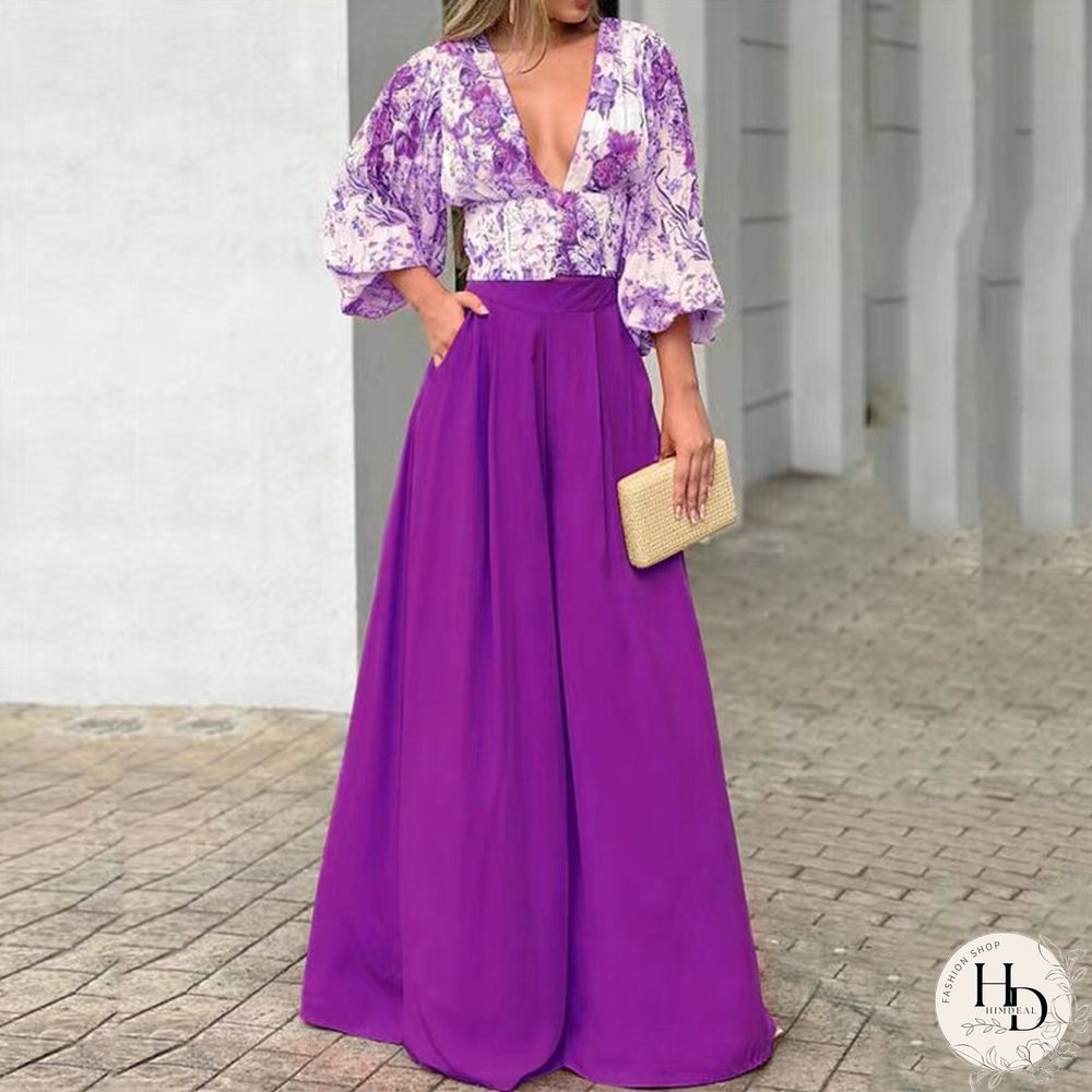 Sexy V-neck Print Blouse And Long Pants Outfits Women Elegant Puff Sleeve Two Piece Suit