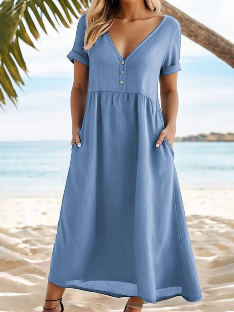 Women's V-neck short-sleeved solid color cotton casual dress socialshop
