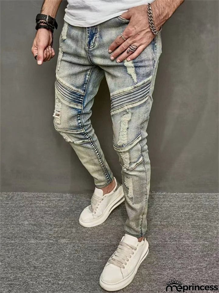 Men's Blue Ripped Elastic Slim Fit Casual Jeans