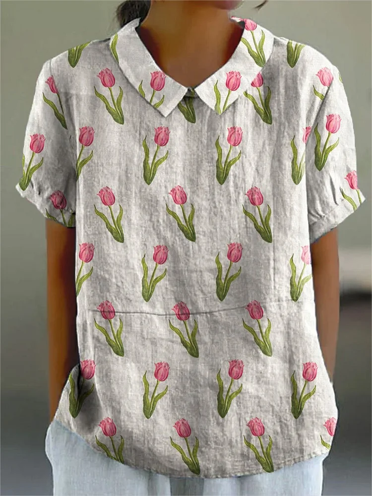 Women's Flower Print Casual Cotton And Linen Shirt