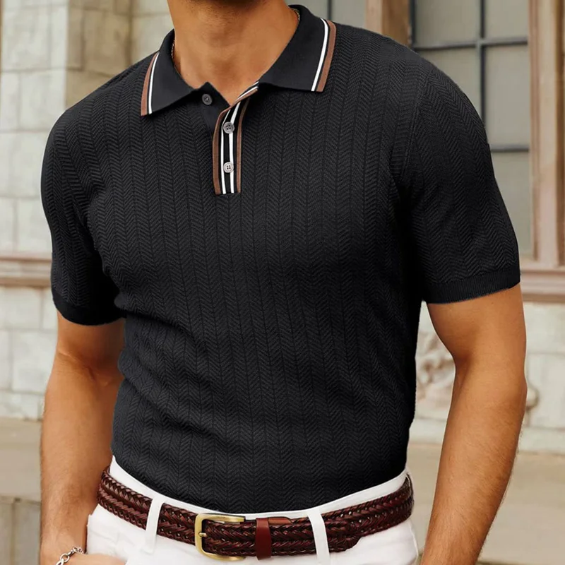 Men's Contrast Lapel Short Sleeve Polo Collar Sweater