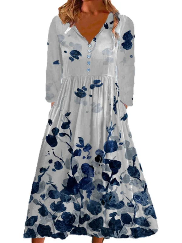 Women Dress Long Sleeve V-neck Floral Printed Maxi Dress