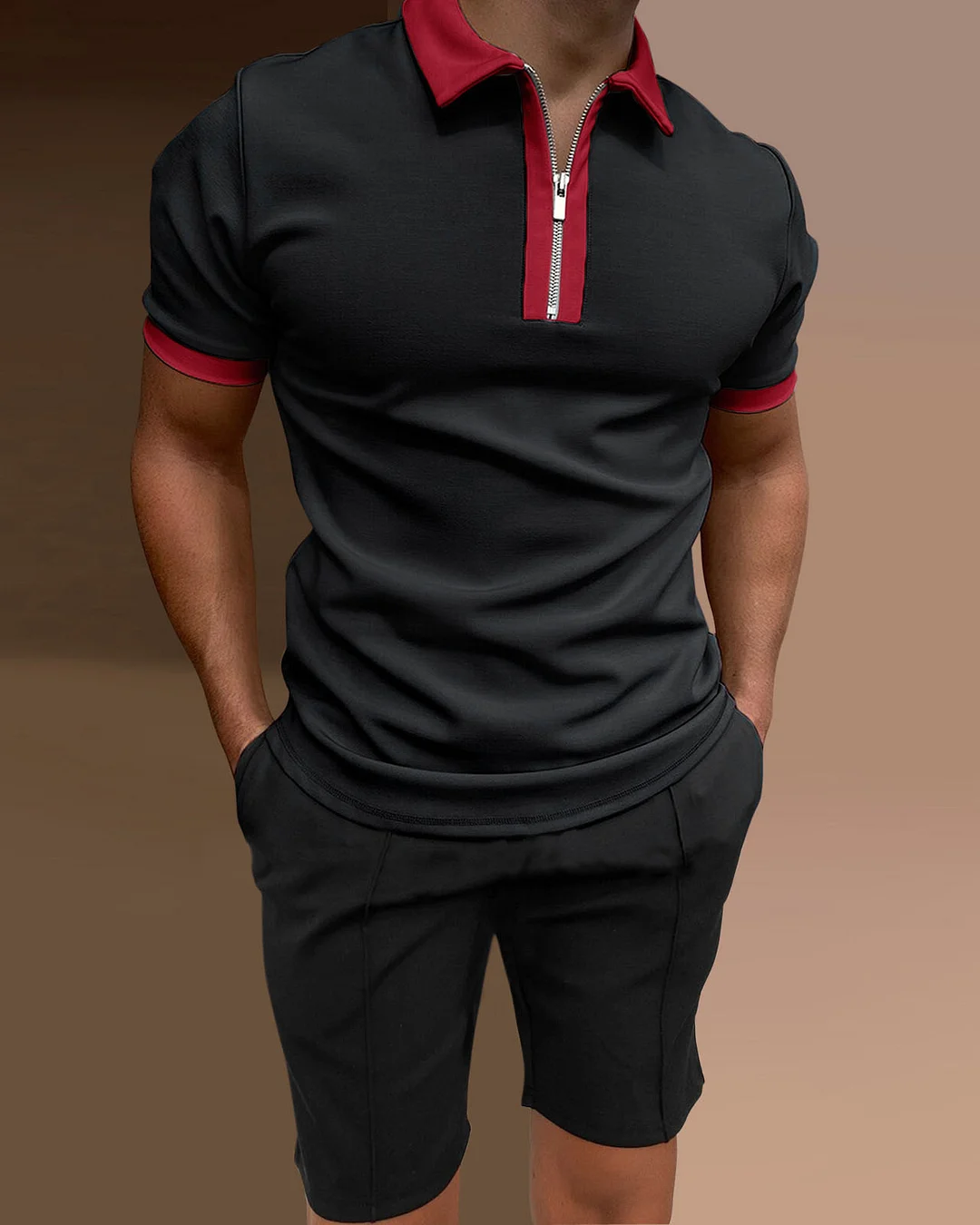 Men's polo shirt casual solid color two piece set