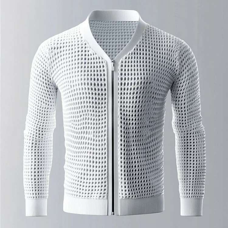 Men's Hollow Out Knit V Neck Long Sleeve Zip Up Jacket