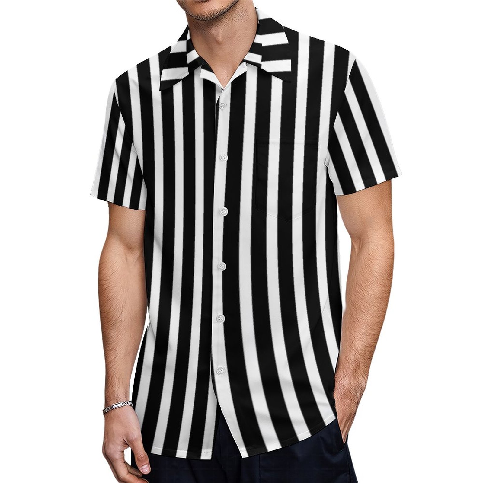 Black And White Striped Hawaiian Shirt Mens Button Down Plus Size Tropical Hawaii Beach Shirts