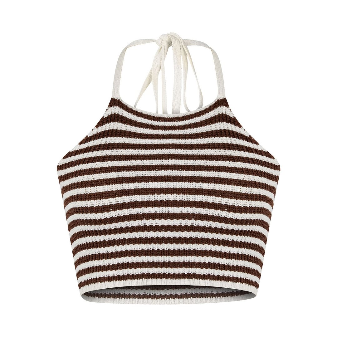 wsevypo Striped Color Block Knitted Crochet Camisole Casual Women Halter Tied Up Crop Tops Summer Street Beach Backless Tops